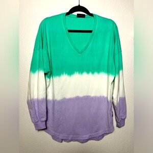 Spirit Jersey women’s Long Sleeve purple and green V-neck‎ tie dye NEW cotton